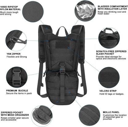 Tactical Hydration Packs Backpack 1050D with 3L Water Bladder, Thermal Insulation Pack Keeps Liquid Cool up to 4 Hours for Hiking, Cycling, Hunting and Climbing