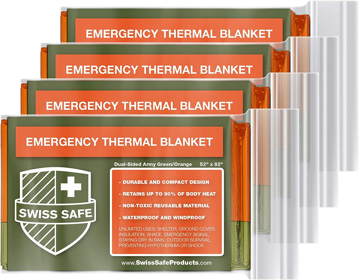 Emergency Mylar Thermal Blankets + Bonus Space Blanket - Compact & Insulated for Cold Weather - Designed for NASA, Outdoor Camping, Survival, First Aid Car Kit - Orange & Green, 4 Pack